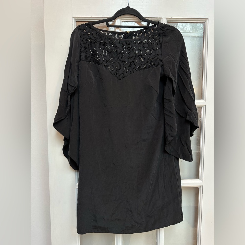 Milly Black 100% Silk Lace Butterfly Sleeve Mini Dress Size 4 S Timeless Chic